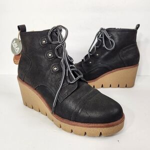 Mia Grant Black Wedge Bootie Womens Size 8.5 Lace up Side Zip streetwear grunge